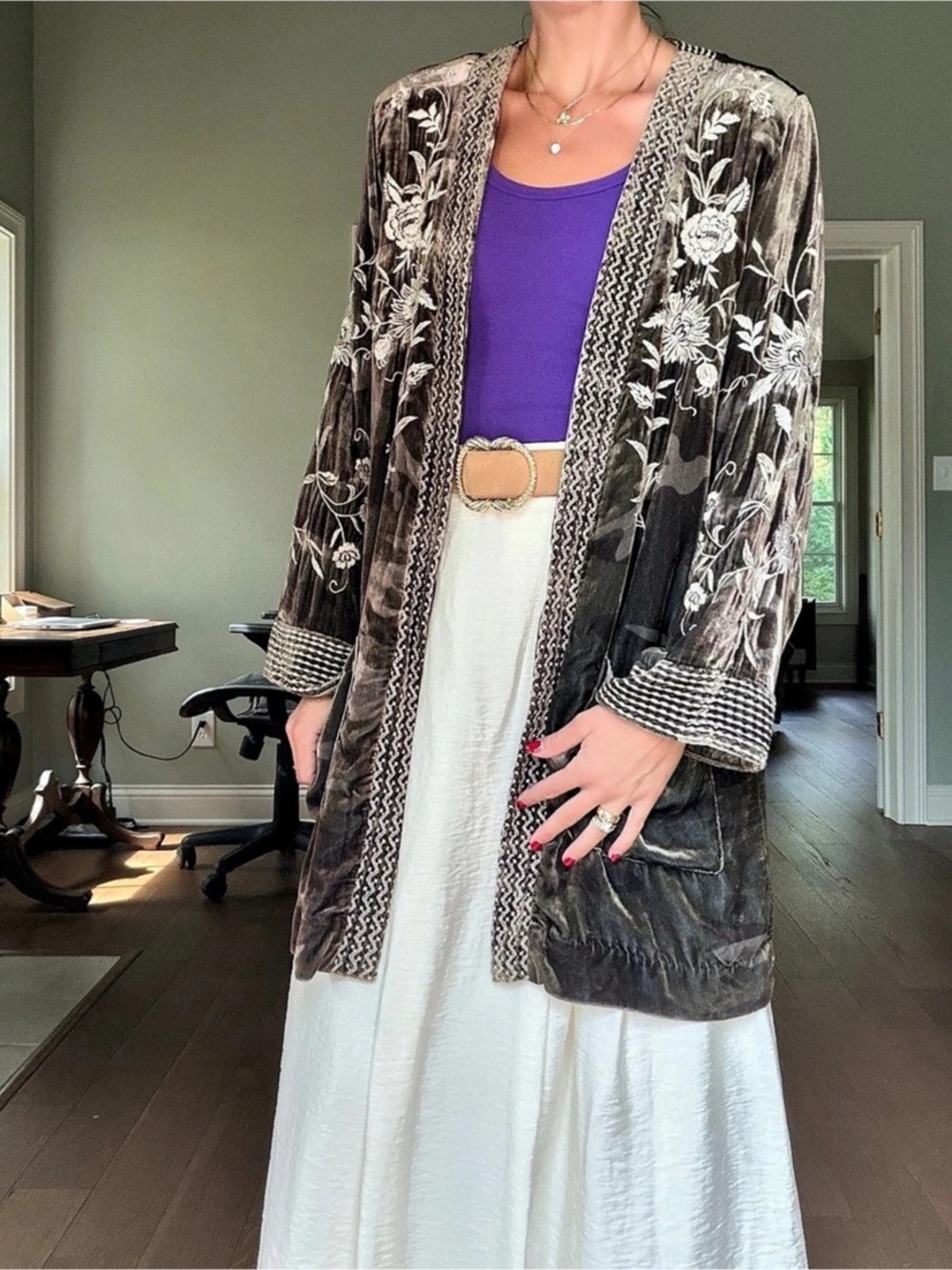 Johnny Was Velvet Camo Embroidered Kimono Jacket Medium